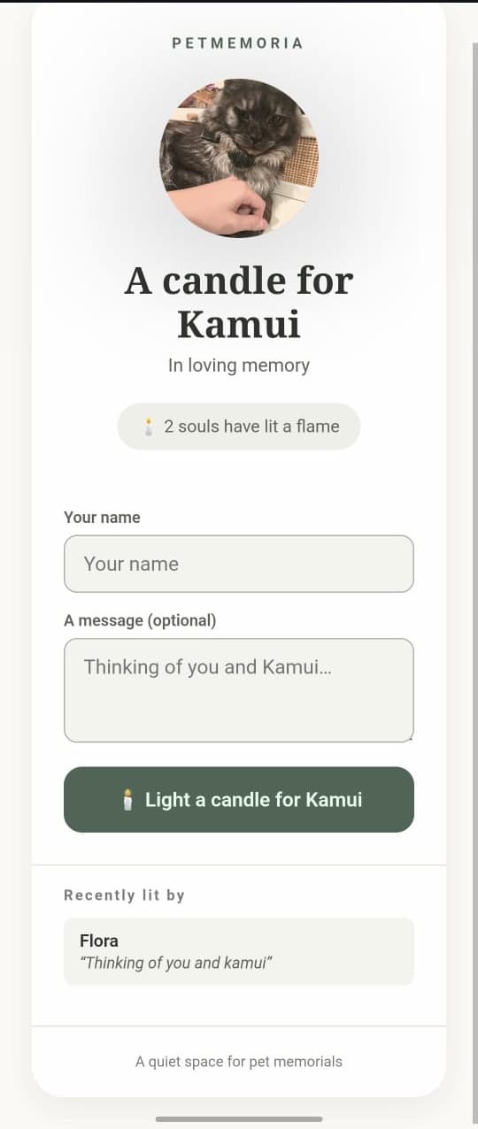 Community candle landing page with pet photo and candle form