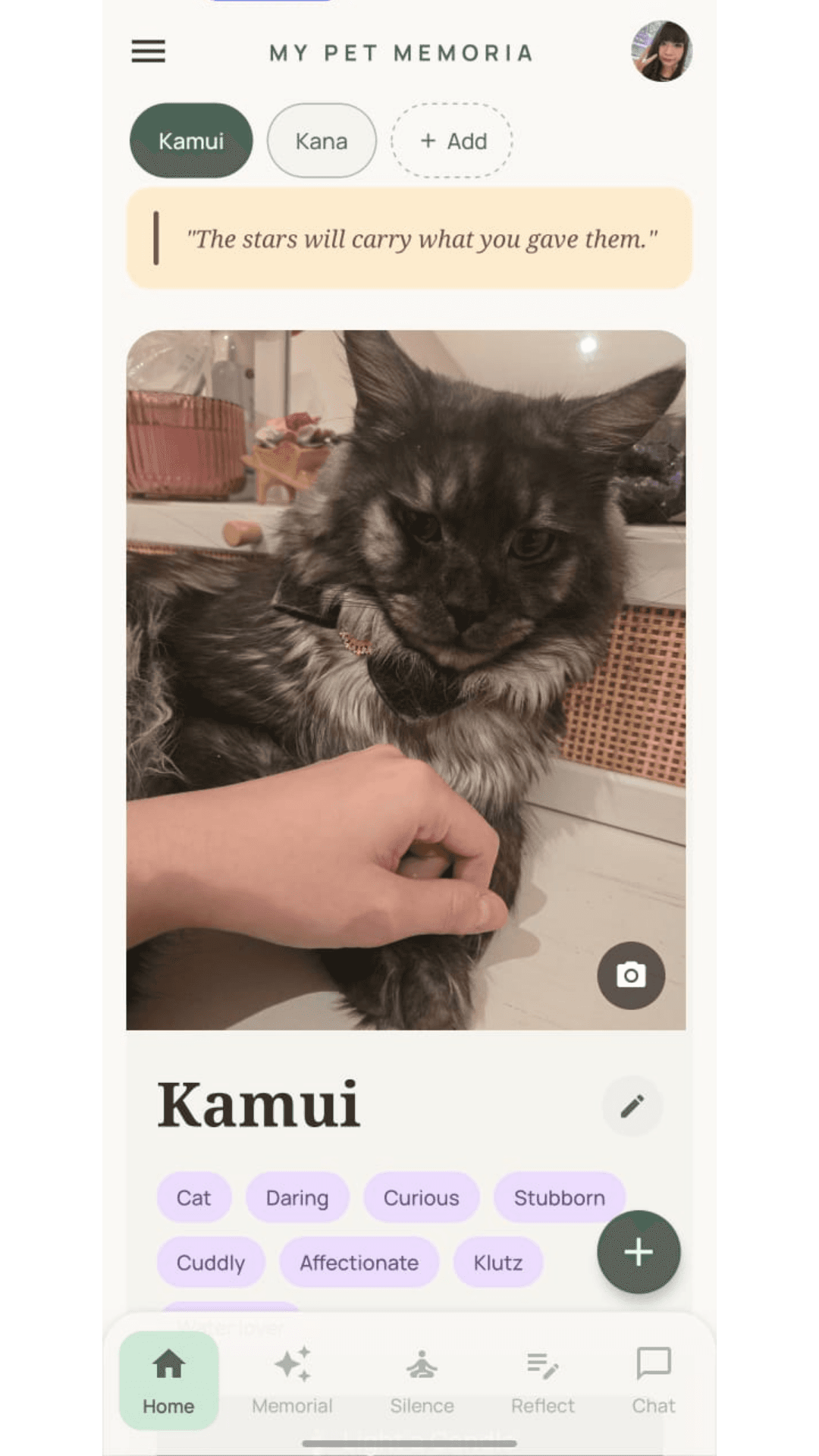 Home screen with a pet's memorial and quote