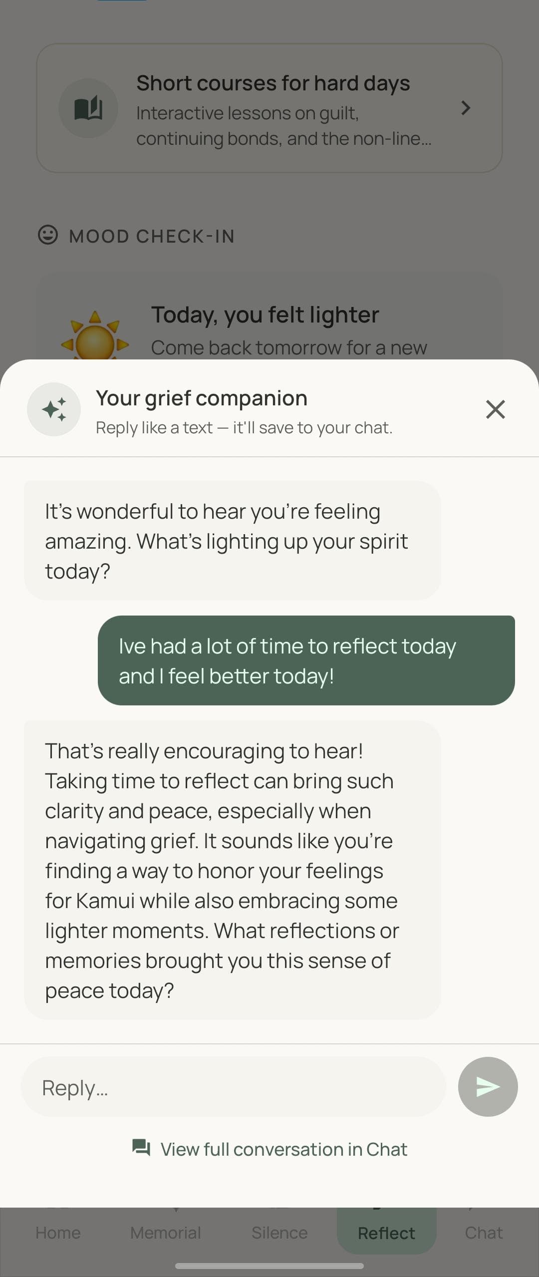 Grief companion proactive check in chat