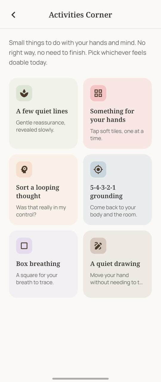 Activities Corner grid with six interactive grief exercises
